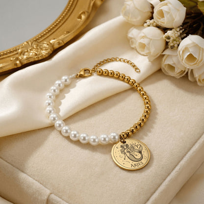 Pearl & Gold Coin Bracelet: Mermaid Zodiac
