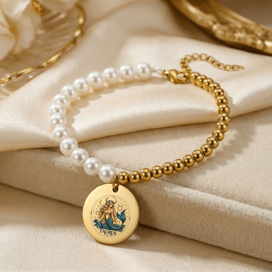 Premium Pearl & Gold Coin Bracelet: Mermaid Zoadic Taurus