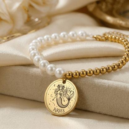 Pearl & Gold Coin Bracelet: Mermaid Zodiac