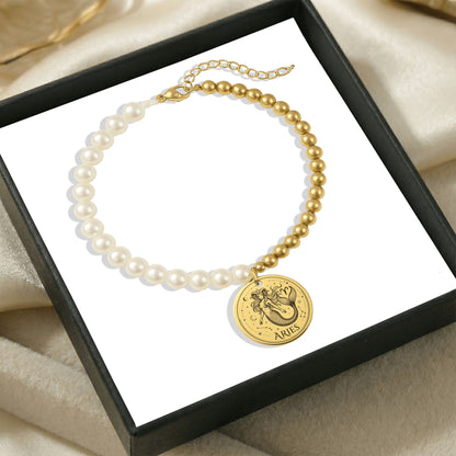 Pearl & Gold Coin Bracelet: Mermaid Zodiac